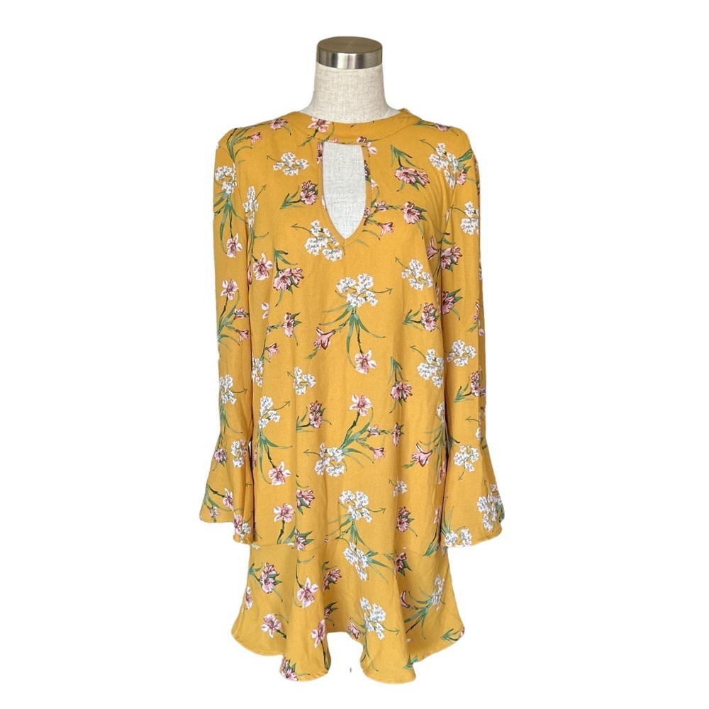 Xhilaration Boho Floral Yellow High Neck Long-Sleeve Dress